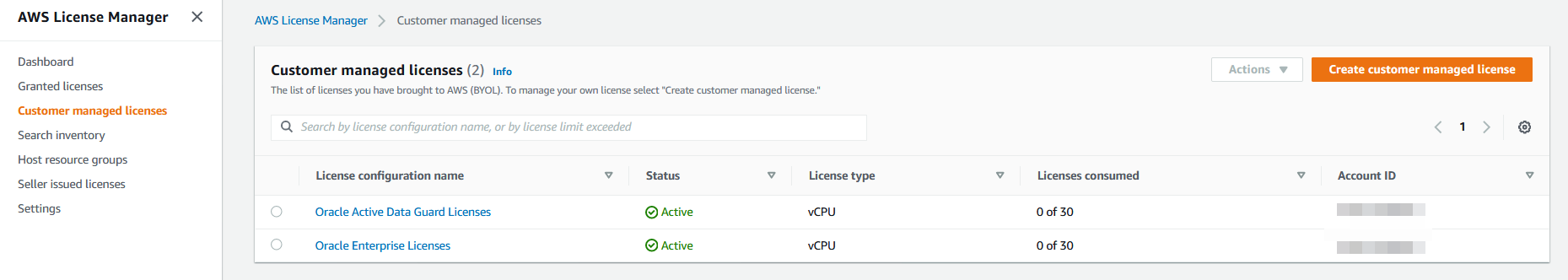 Oracle Active Data Guard Licenses appears in the Customer managed licenses list. It has a status of Active. 0 of 30 licenses are consumed.