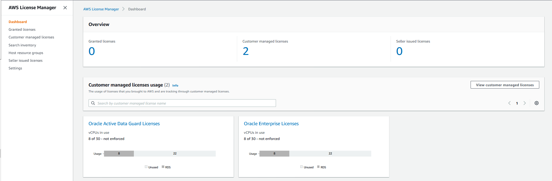 Under Customer managed licenses usage, 8 of 30 Oracle Active Data Guard license are in use. 8 of 30 Oracle Enterprise licenses are in use.