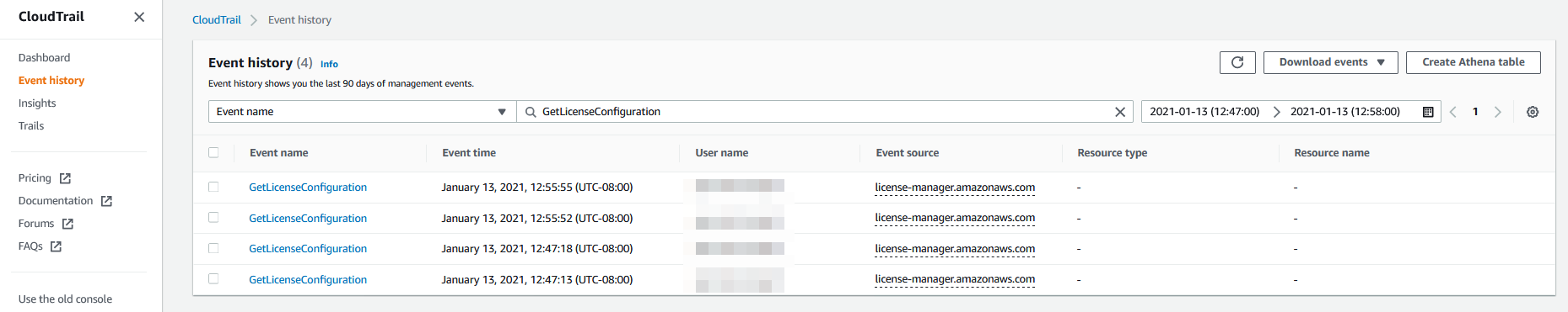 The Event history page in the CloudTrail console displays GetLicenseConfiguration events organized by event time, user name, event source, resource type, and resource name.