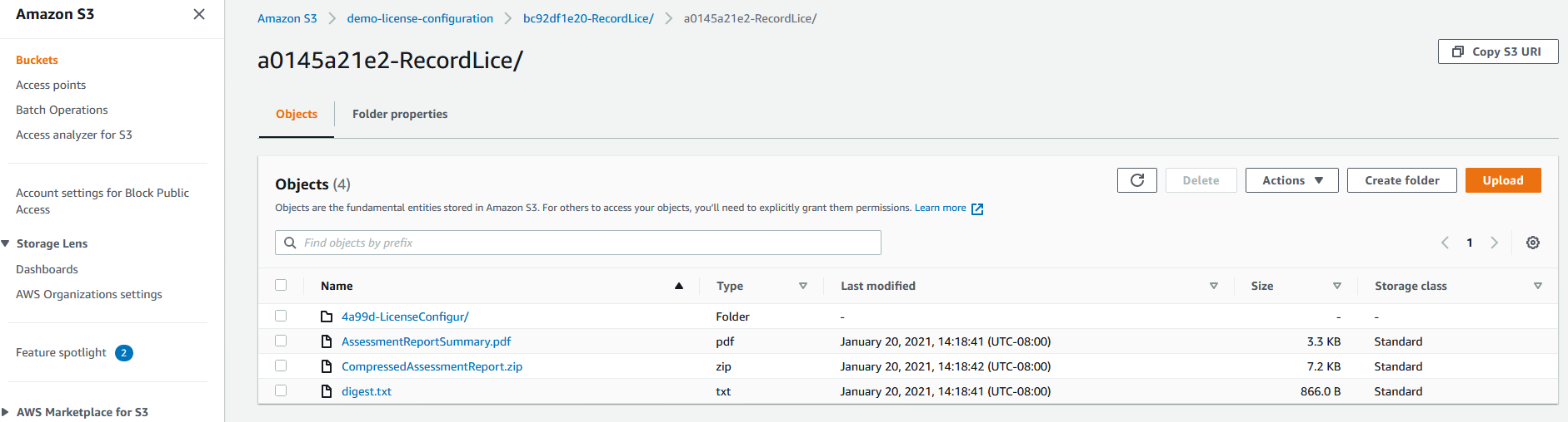 The assessment report objects are displayed in the list. The table has columns for Name, Folder, Last modified, Size, and Storage class.