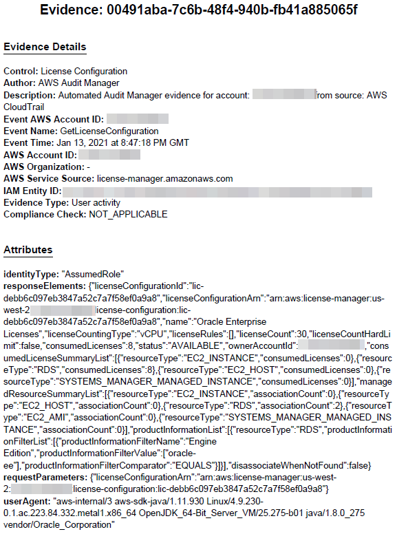 Evidence PDF file includes details like control (License Configuration), author, description, event AWS account ID, and event name (GetLicenseConfiguration). It also includes an Attributes section.