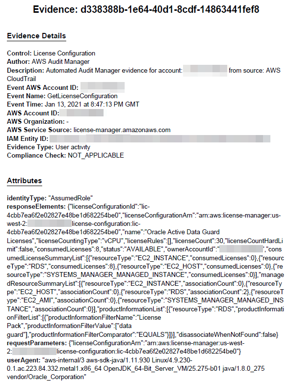 Evidence PDF file includes details like control (License Configuration), author, description, event AWS account ID, and event name (GetLicenseConfiguration). It also includes an Attributes section.