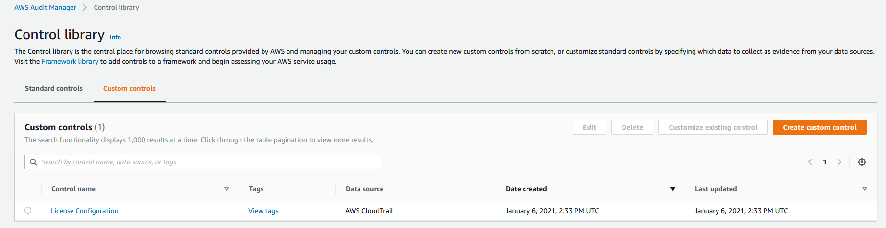 In Control library, under Custom controls, the License Configuration control is displayed. Its data source is AWS CloudTrail.