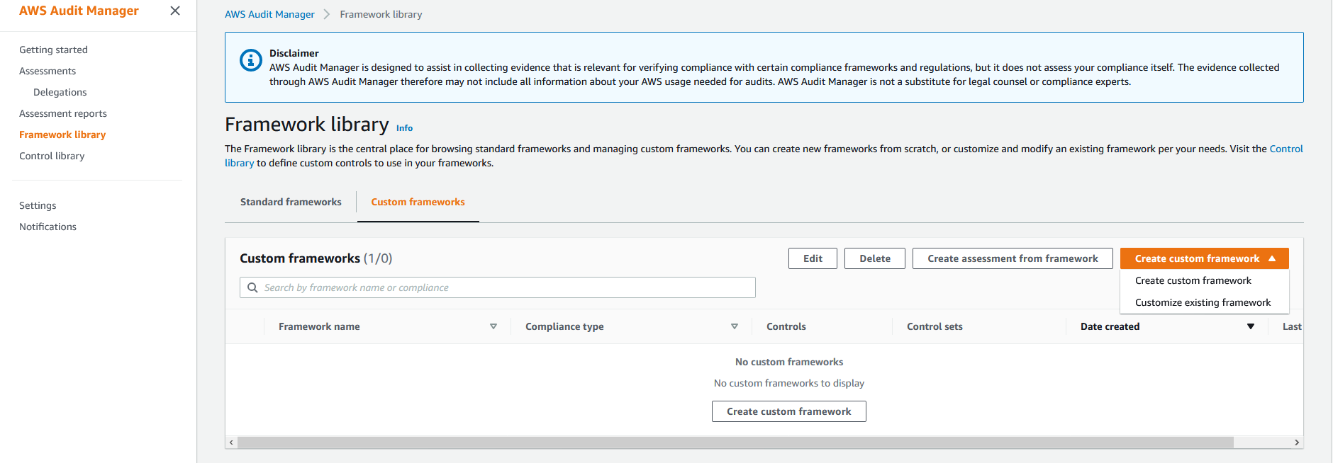 The Framework library page has tabs for Standard frameworks and Custom frameworks. The Create custom framework option is selected.