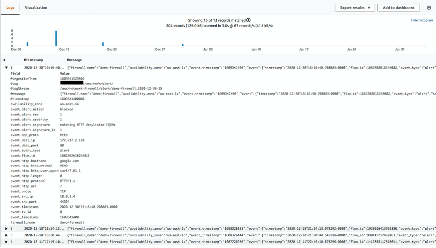 Fields of the record that matched log insight query filtering requests to google.com