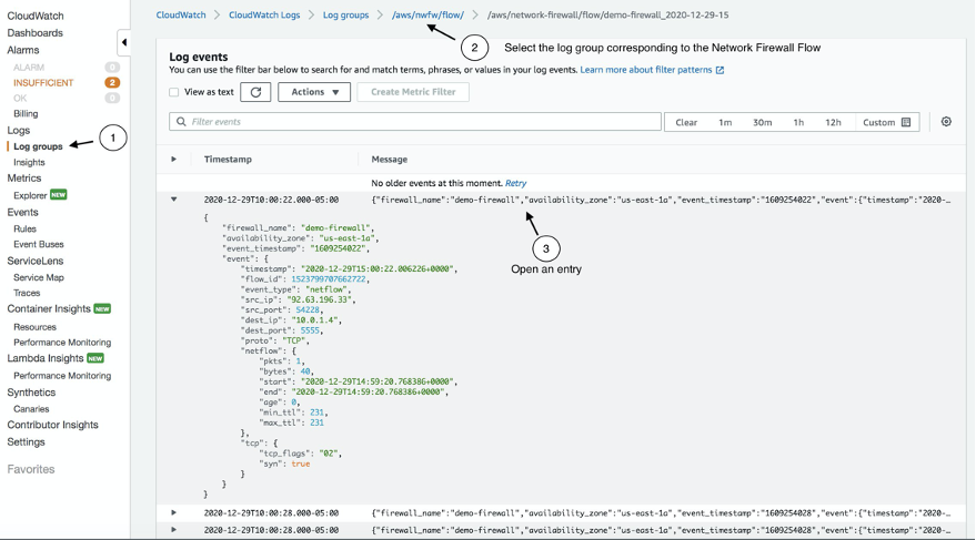 Sample JSON entry from log event of AWS Network Firewall flow logs.