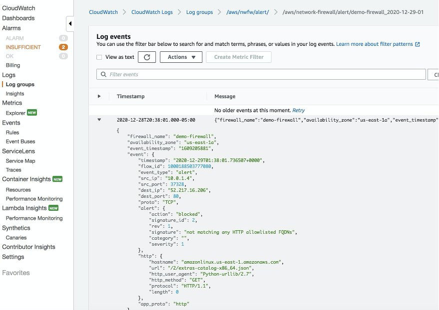 Sample JSON entry from log event of AWS Network Firewall alert logs.