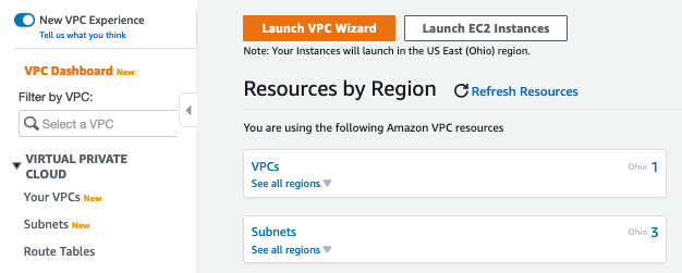 On Resources by Region, there are Launch VPC Wizard and Launch EC2 Instances buttons. There are also fields that display the VPCs and subnets you are using, including the Regions in which they are being used.