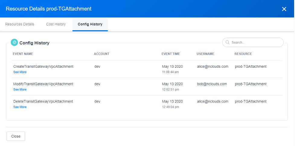 On the Config History tab, you can see event names, accounts (in this example, dev), event times, user names, and resources. nOps used CloudTrail events logs to tie these events to the cost impact. By using CloudTrail, nOps can show you when the events occurred  and who took the actions.