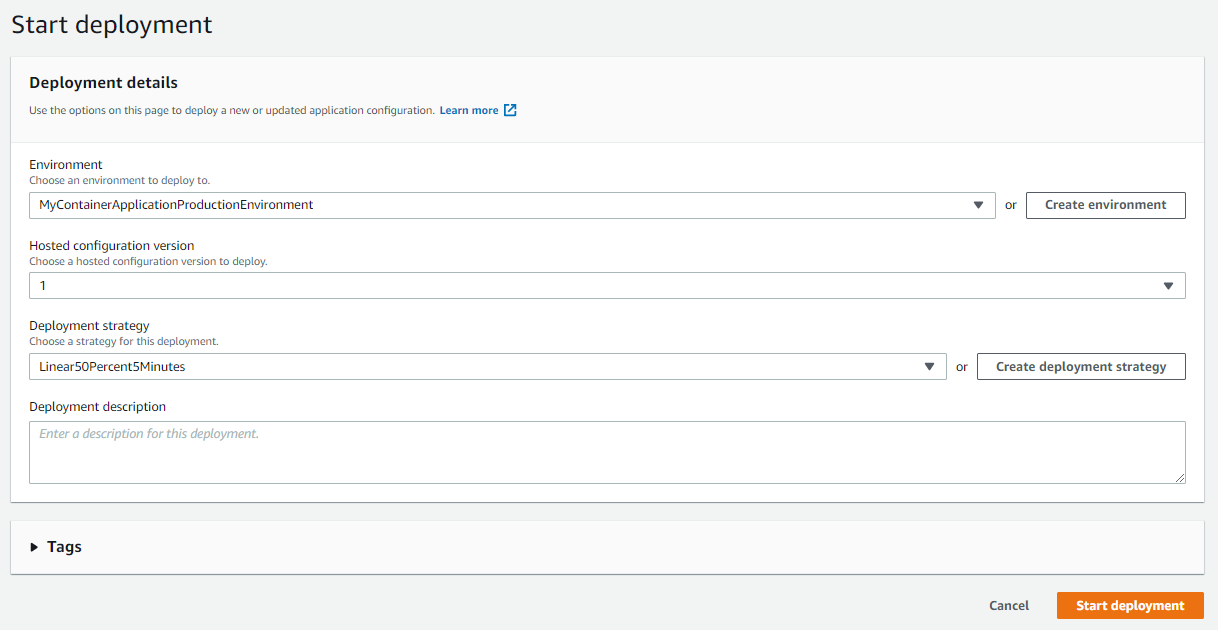 Start deployment provides boxes for entering the environment to deploy to, hosted configuration version, deployment strategy, and an optional deployment description