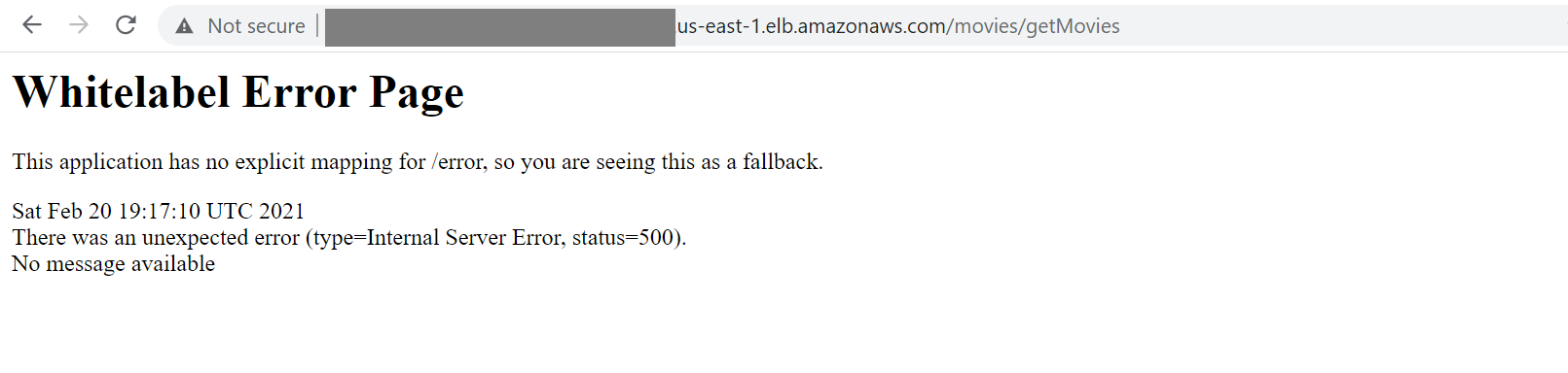 Error response from the application displays the Whitelabel Error page. It shows an internal server error with an HTTP error code of 500.