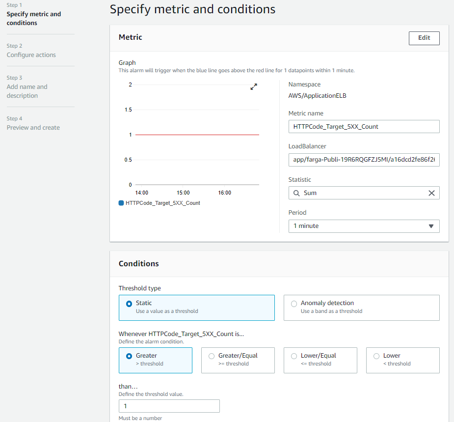 Specify metric and conditions page provides fields for you to specify metrics and the conditions under which the alarm should be triggered.