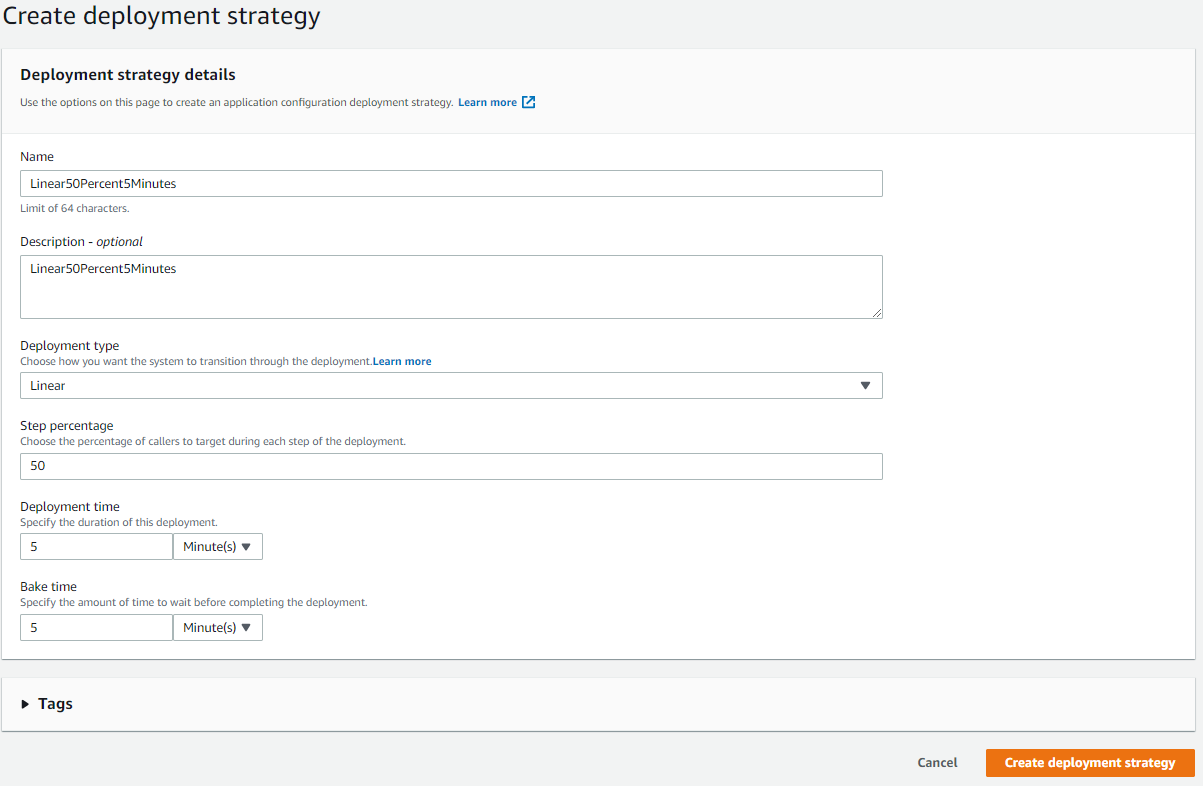 The Create deployment strategy page provides Name (in this example, Linear50Percent5Minutes), Description, and Deployment type (Linear) fields and fields for deployment strategy details like deployment time and bake time.