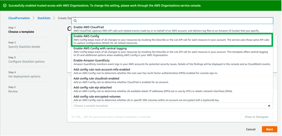 On Step 1: Choose a template, the Enable AWS Config option is selected.