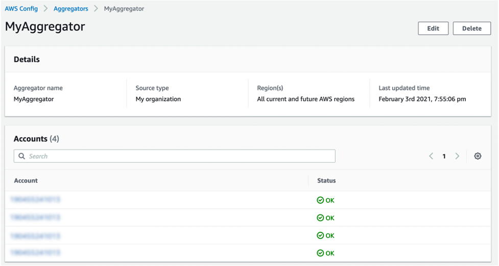 The MyAggregator page includes a Details section that displays the aggregator name, source type, region(s), and last updated time. The Accounts section displays accounts, each of which has a status of OK.