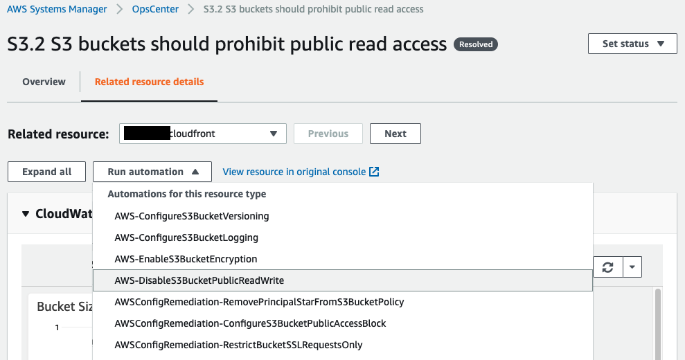 the list of automations, particularly AWS-DisableS3BucketPublicReadWrite, that are available to be run and applied against the related resource