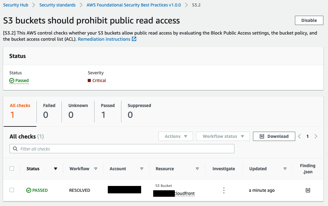 Under All enabled, the S3.2 finding has a status of Passed. 1 check has passed.