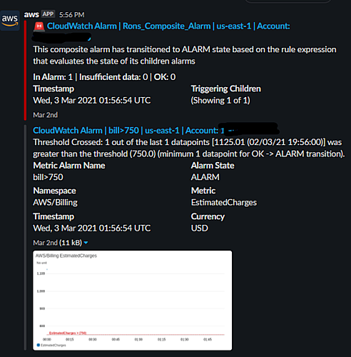 CloudWatch composite alarm notification in AWS Chatbot says the alarm transitioned to the ALARM state because one of the data points was greater than the threshold. The alarm name is bill>750