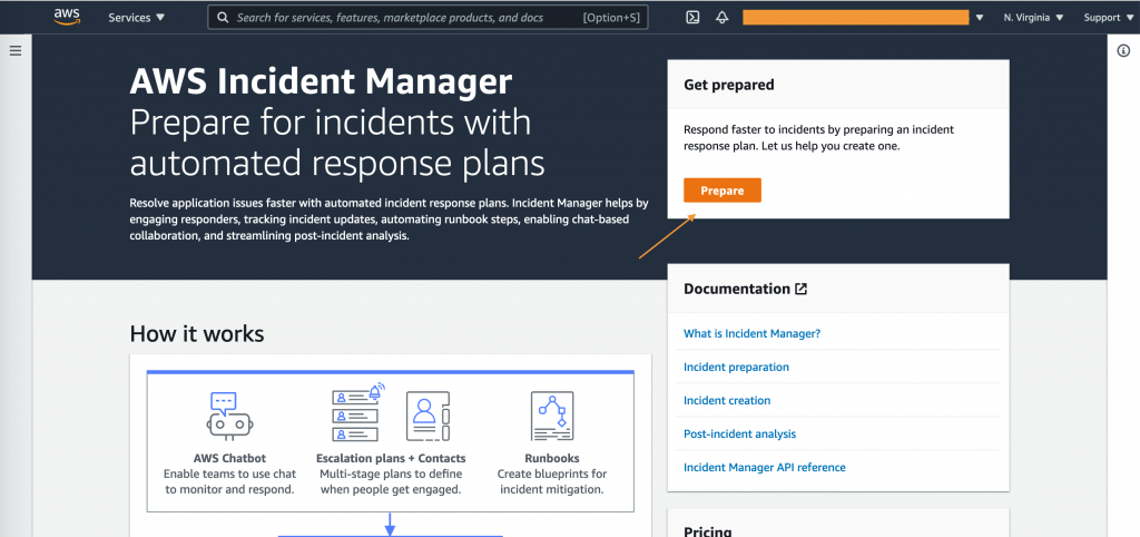 Incident Manager page displays a How it works section, documentation links, and a Prepare button.