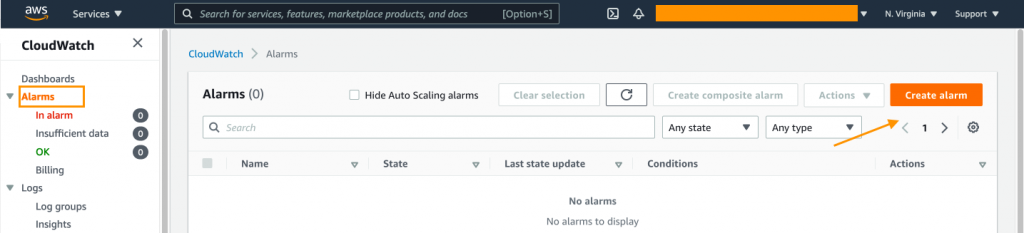 The Alarms page in the CloudWatch console displays columns for alarm name, state, last state update, conditions, and actions. In this example, there are no alarms to display.