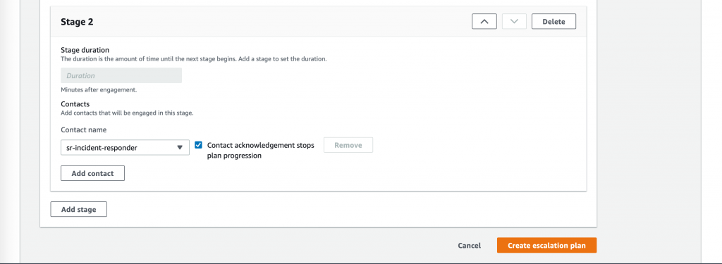 Under Stage 2, for Contact name, sr-incident-responder is displayed. The Contact acknowledgement stops plan progression checkbox is selected.