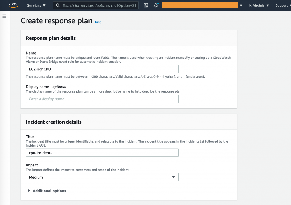 Create response plan shows fields completed with values used in the procedure.