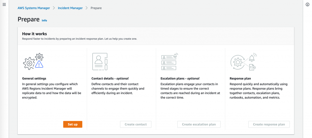 Under How it works, there are steps for configuring general settings, defining contacts and contact channels, creating an escalation plan, and combining contacts, escalation plans, runbooks, automation, and metrics into a response plan.