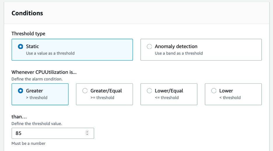 In Conditions, under Threshold type, Static is selected. Under Whenever CPUUtilization is, Greater is selected. The threshold value is set to 85.