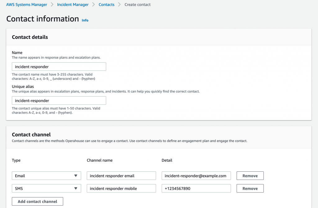 In the Name field, incident responder is displayed. Under Contact channel, the email address and mobile phone for the incident responder are displayed.