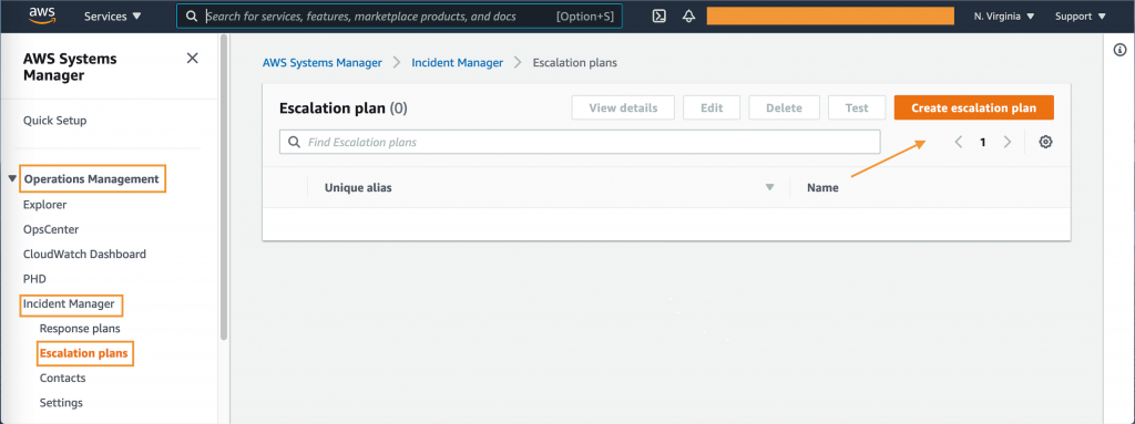 Escalation plan displays View details, Edit, Delete, Test, and Create escalation plan buttons. It also includes a search field you can use to find escalation plans.