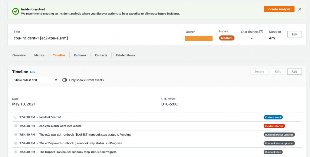 The Timeline tab displays events related to cpu-incident-1, including Incident Started, CPUUtilization added to metrics, and Incident status updated to RESOLVED.