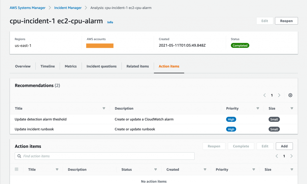 The post-incident analysis for cpu-incident-1 includes two action items: Update detection alarm threshold and Update incident runbook. Both have a priority of High.