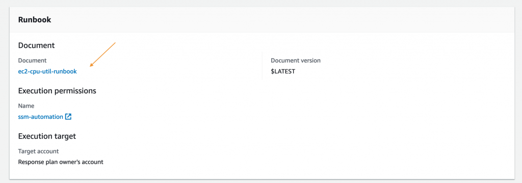 Runbook displays fields for document (in this example, ec2-cpu-util-runbook), role name (ssm-automation), execution target, and document version.