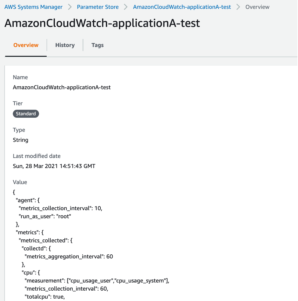 The Overview tab of AmazonCloudWatch-applicationA-test displays fields for tier (in this example, Standard), type (String), last modified date, and value.[