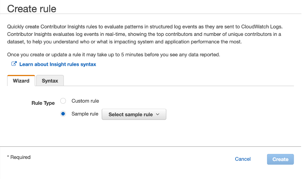 Create rule displays the option to create a rule using the Wizard or Syntax for a custom or Sample rule type.