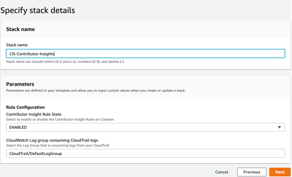 Specify stack details displays a field or the stack name and a Parameters section on with the fields for rule configuration.