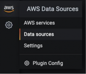 Under AWS Data Sources, there are items for AWS services, Data sources, Settings, and Plugin Config.