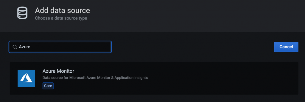 In Add data source, Azure is entered in the search field. Azure Monitor is displayed in the results.