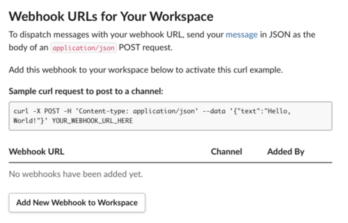 Webook URLs for your Workspace displays a sample curl request to post to a channel and option to add new webhook to workspace.