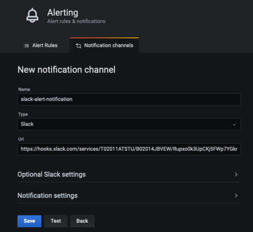 On New notification channel, there are fields for name (in this example, slack-alert-notification), type (Slack), and URL. There are also sections for optional Slack settings and notification settings.