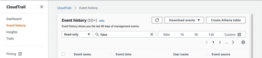  The Event history page displays the last 90 days of management events. It includes fields for filtering and Download events and Create Athena table buttons