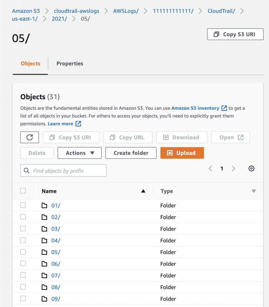 CloudTrail S3 bucket organized into folders by account, region, year, month and day