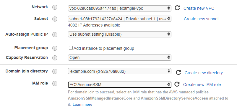 EC2 Launch Wizard settings with VPC, subnet, and domain join information completed.