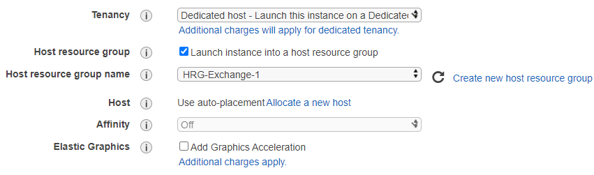 EC2 Launch Wizard settings with tenancy set to Dedicated Hosts, the Host resource group option checked, and host resource group name specified to HRG-Exchange-1.