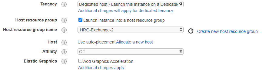 Launch Wizard settings with tenancy set to Dedicated Hosts, the Host resource group option checked, and host resource group name specified to HRG-Exchange-2.