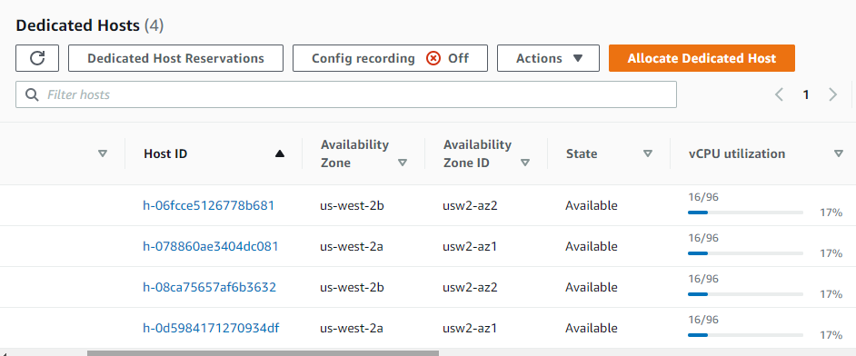 List of allocated Dedicated Hosts in the EC2 console that are being managed by the host resource groups you created earlier.