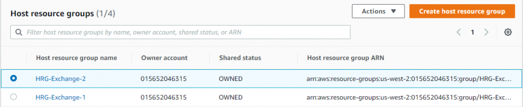 The host resource group page which shows two created host resource groups named HRG-Exchange-1, and HRG-Exchange-2