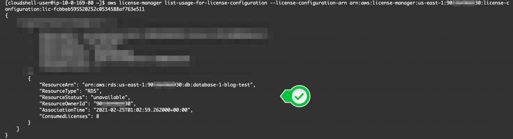 The list-usage-for-license-configuration command returns the ARN, resource type (RDS), resource status (unavailable), resource owner ID, association time, and consumed licenses (8).