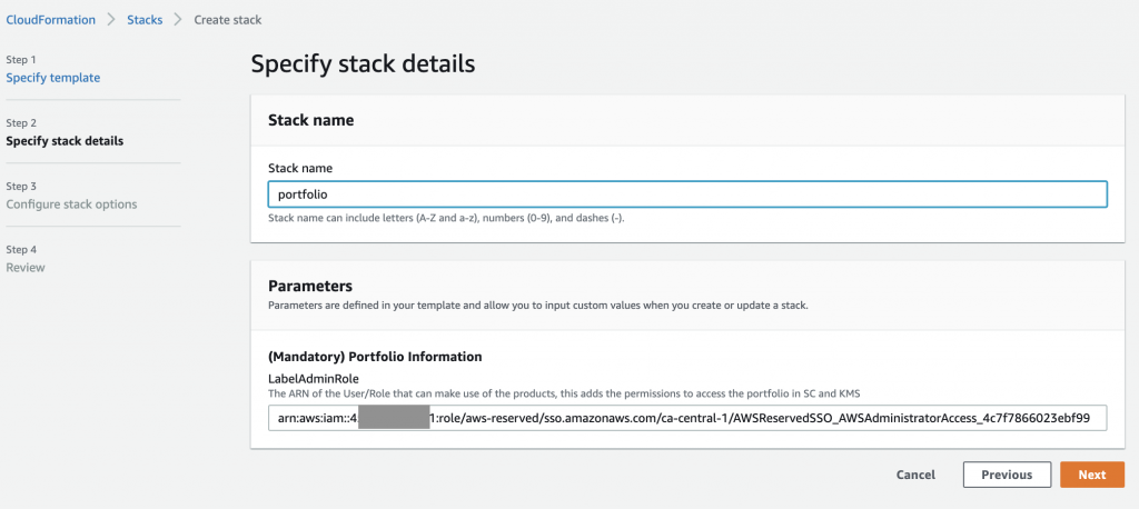 On Specify stack details, the name entered for the stack is portfolio. Under Parameters, an ARN for an IAM role is entered in the LabelAdmin field.