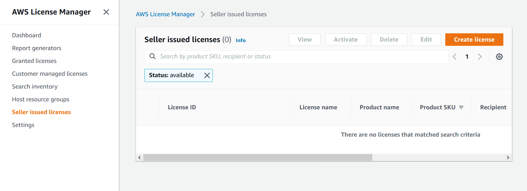  In Seller issued licenses, there are no licenses displayed.